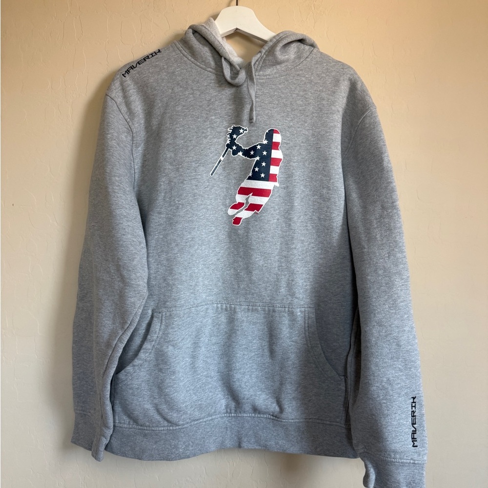 Maverik Lacrosse Gray Hoodie Adult Large American Flag Freedom Design Thick Soft